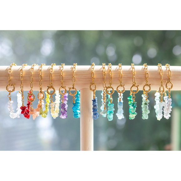 Statement Bracelet Gemstone Ocean Blue Apatite Chips Chunky Gold Chain Boho - Picture 8 of 10